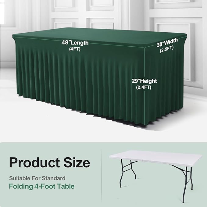 Table Skirt for 4 Foot Tables - 2 Pack One-Piece Hunter Green Tablecloths and Skirt, Wrinkle Resistant Ruffles Elastic Cover for Banquets, Weddings, Events, Parties