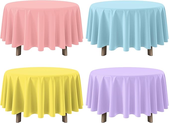 4Pcs 84 Inch Round Pastel Tablecloths, Mix Color Plastic Tablecloth Disposable Round Table Covers for Baby Shower,Bridal,Wedding,Easter,Birthday and Ice Cream Party Decorations
