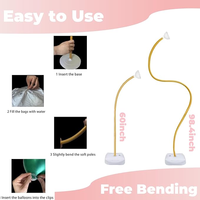 Balloon Arch Stand Kit, 8.2ft & 5ft Free Bending Half Arch Balloon Stand, Balloon Stand for Floor Suitable for Birthday, Wedding, Graduation Party, Anniversary, Gold