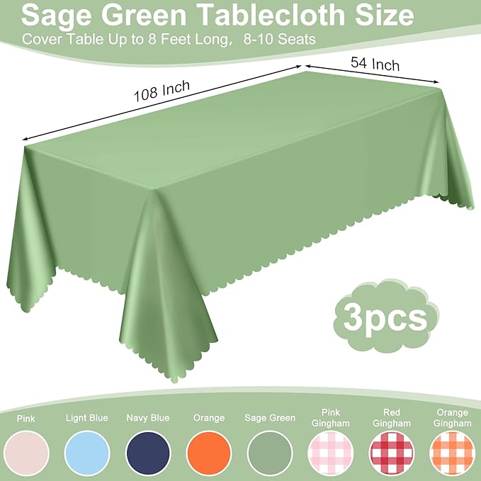 3 Pack Plastic Sage Green Tablecloth, 54 X 108Inch Scalloped Easter Table Cover Disposable Sage Green Tables Cloth for Rectangle Tables Waterproof Table Cover for Baby Shower Bridal Tea Party Wedding