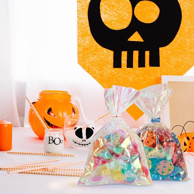 HRX Package 100pcs Small Iridescent Cellophane Treat Bags with Ties, 4x6 inch Holographic Plastic Goody Bags for Candy, Cake Pops, Favors