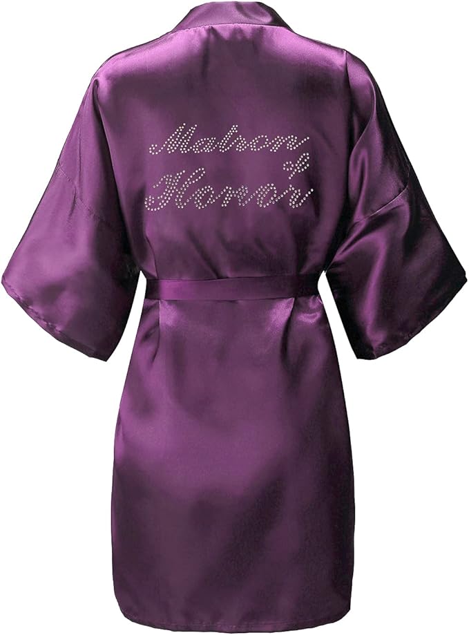 EPLAZA Women's One Size Silver Rhinestones Bride Bridesmaid Short Satin Robes for Wedding Party Getting Ready