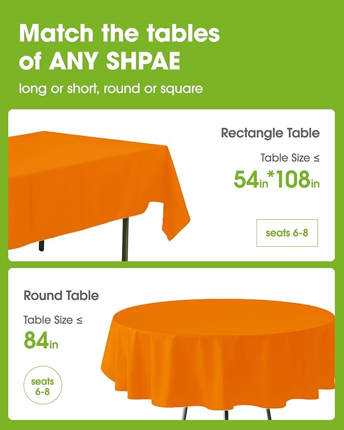Pureegg Plastic Table Cloth Disposable 6 Pack, 54 x 108 Inch Table Cloths, Halloween Party, Thanksgiving Decorations, Harvest, Fall Tablecloths, Rectangle Tables, Waterproof, Orange