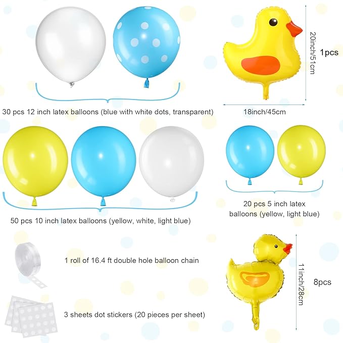 HyDren 113 Pcs Yellow Duck Balloon Arch Garland Kit 12 10 5 Inch Blue Yellow White Latex Balloons Mini Foil Balloons for Baby Shower Decorations rubber duck Themed Birthday Party Supplies