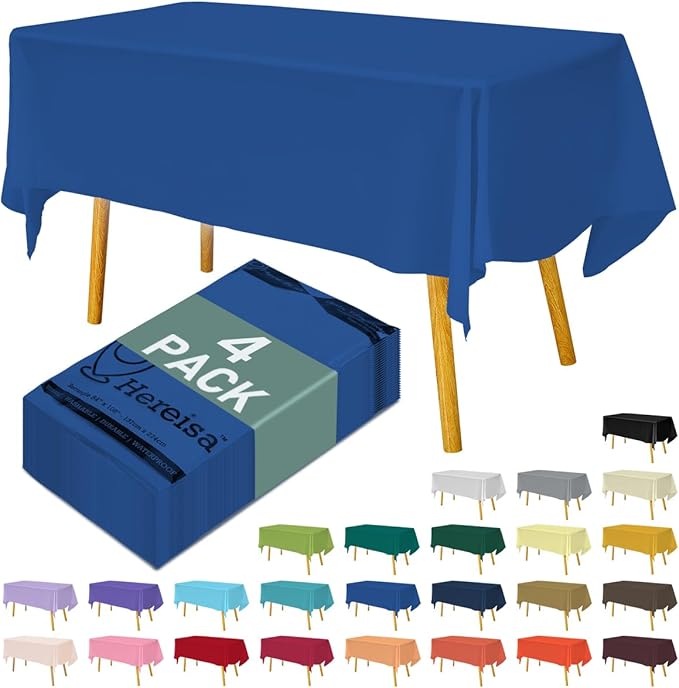 Disposable Plastic Tablecloth 54x108 Inch Rectangle - Royal Blue, 4 Pack Waterproof & Tear-Resistant Party Table Cover for Dining, Picnic, Crafts, Holiday Decor
