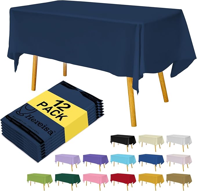 Premium Disposable Table Cloth - 12 Pack, 54 x 108 Inch Table Cloths for Parties, Decorative Tablecloths for Rectangle Tables, Navy Blue Plastic Table Cover, Leakproof & Sturdy, Navy Blue