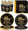 120Pcs 60th Birthday Party Supplies Plates Napkins Cups Forks Tableware Set Gold Black Happy 60th Birthday Themed Disposable Tableware Decoration Serves 24 Guests for Men Women 60 Years Old