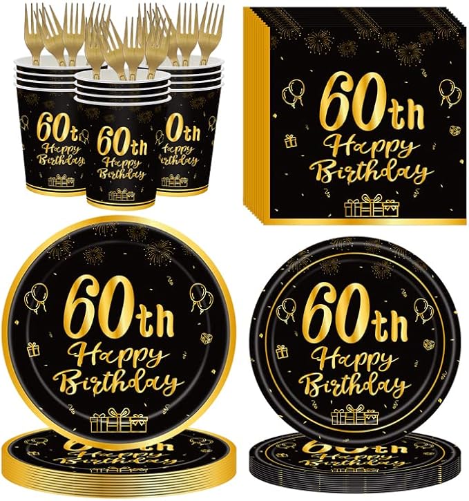 120Pcs 60th Birthday Party Supplies Plates Napkins Cups Forks Tableware Set Gold Black Happy 60th Birthday Themed Disposable Tableware Decoration Serves 24 Guests for Men Women 60 Years Old