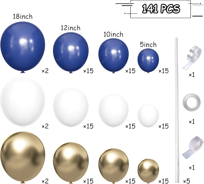 Blue White Gold Balloons Garland Arch Kit, 141Pcs Latex Balloons Different Sizes 18 12 10 5 Inch for Birthday Baby Shower Gender Reveal Wedding Party Decoration