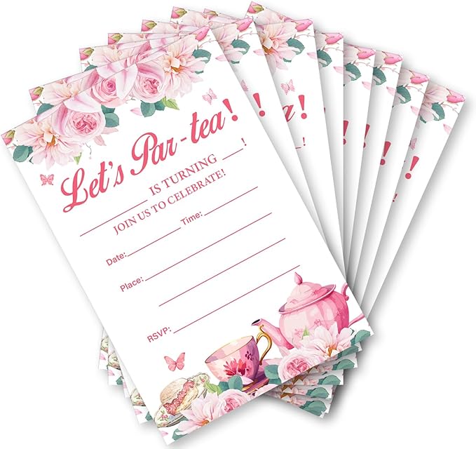 Soiceu Floral Tea Party Girl Birthday Invitations Pink Let's Par-tea Birthday Invites with Envelopes Set of 20
