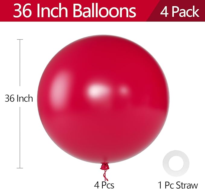 KALOR Wine Red Giant Balloons 36 Inch Large Latex Balloons, 4 Pack Jumbo Round Helium Balloon for Birthday Bridal Shower Wedding Baby Shower Party Decorations