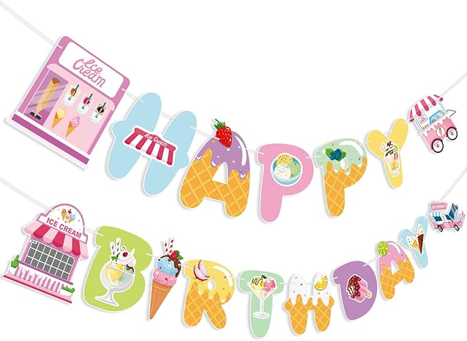 Ice Cream Party Decorations Happy Birthday Banner Ice Cream Party Banner Garland for Birthday Party Decorations Ice Creams Party Supplies