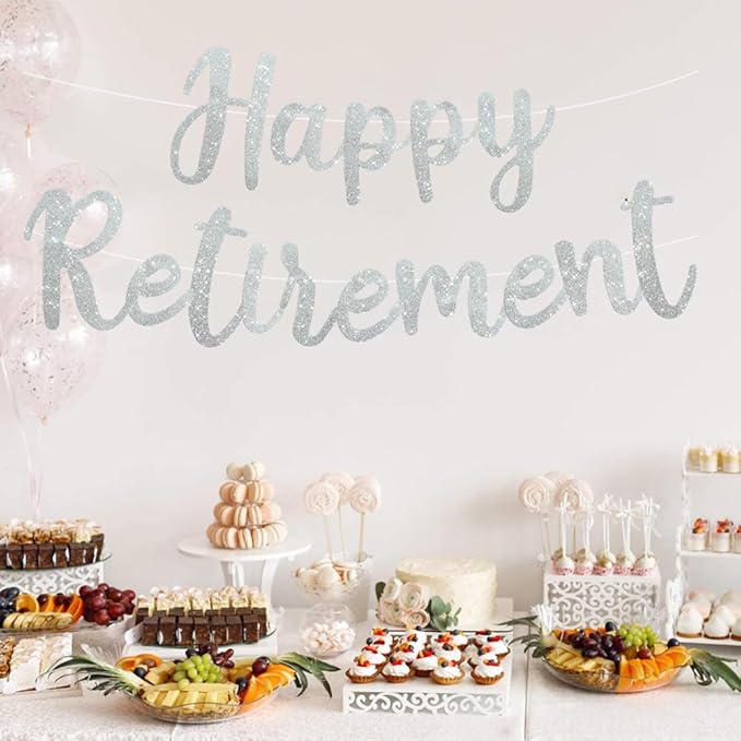 BEISHIDA Silver Glitter Happy Retirement Banner - Pre-Strung Banner Decoration for Women & Man, Party Supplies