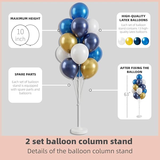 Balloon Column Kit Set of 2 With Balloons Included - Balloon Tower with Stand, Base, and Pole,Backdrop Decoration for Wedding, Baby Shower, Birthday Party, or Bachelorette Parties (Gold Blue white)
