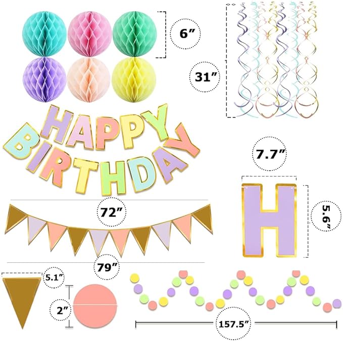 Pastel Birthday Decorations, Happy Birthday Banner with Honeycomb Balls, Stars Hanging Swirl Streamers, Buntings Circle Dots Garland, Party Decorations for Women Men Boys Girls (Multi-colored)