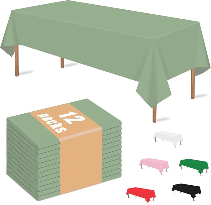 MRJ 12 Packs Disposable Plastic Tablecloths 54x108 Inch, Sage Green Rectangle Table Cover for Birthday Party Wedding Banquet Decorations