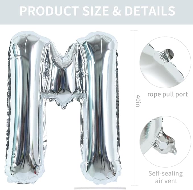 TONIFUL 40 Inch Large Silver Letter M Balloons Helium Balloons,Foil Mylar Big Letter Balloons for 2026 New Year Eve Graduation Wedding Baby Shower Birthday Party Anniversary Supplies Decorations