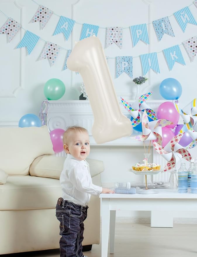 Cream Number 1 Balloons – 40 Inch Giant Foil Number Balloon, Light Cream Big Number Balloon for Birthday Anniversary Baby Shower Party Decorations