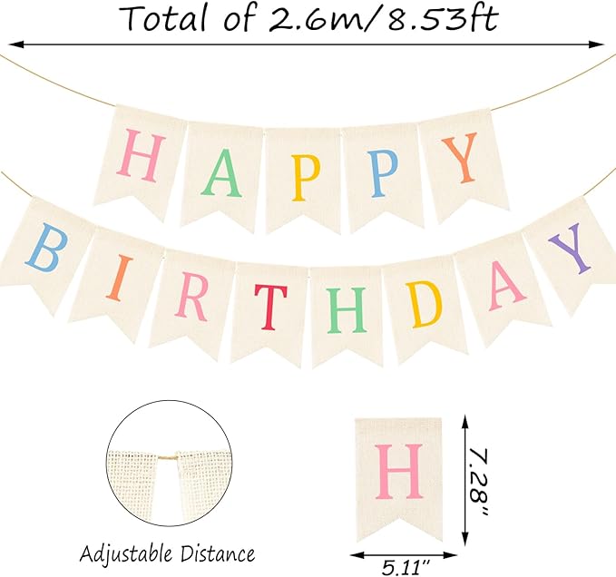 Doumeny Happy Birthday Burlap Banner Boho Birthday Bunting Garland Pastel Bohemian Sign Party Banner White Hanging Garland Rainbow Birthday Bunting Falg for Home Mantel Fireplace Nursery Backdrop