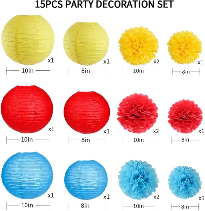 Carnival Circus Party Decorations, Red Yellow Blue Paper Lanterns and Pom Poms Flowers for Birthday Baby Showers Carnival Theme Rainbow Party Decor 15 Pieces