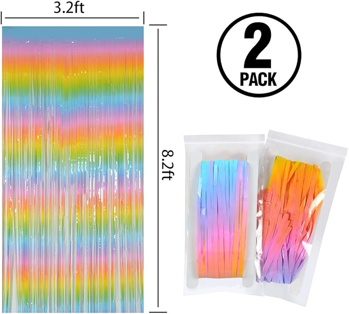 Melsan Pastel Tinsel Backdrop for Easter Decorations, Macaron Rainbow Foil Fringe Curtains 3.2 ft x 8.2 ft for Birthday Party Photo Booth Props Decoration, 2 Pack