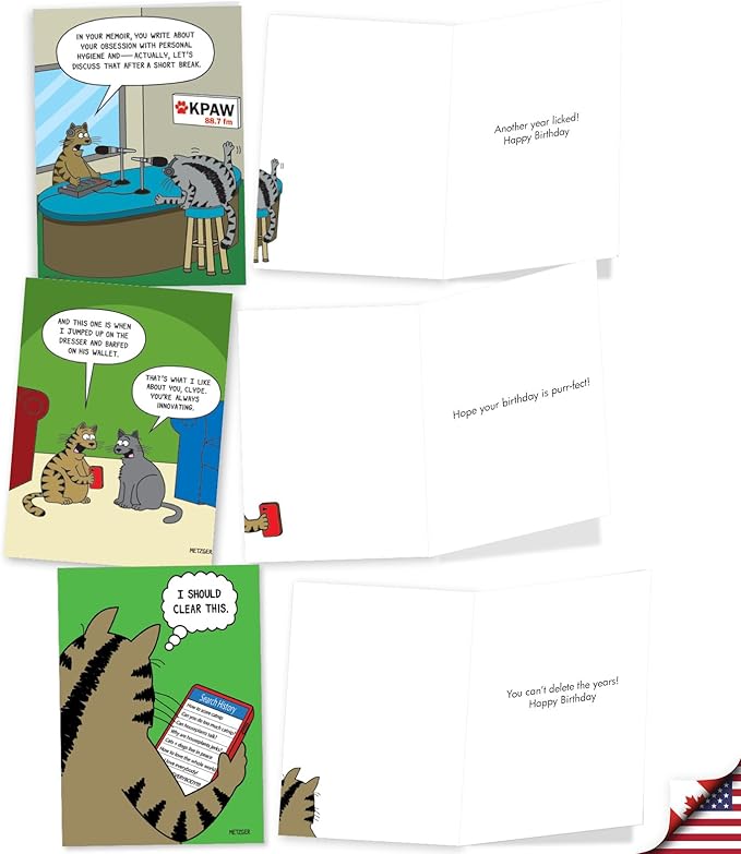 NobleWorks 20 Assorted Box Set Funny Birthday Greeting Cards w/ 5 x 7 Envelopes For Men Women (10x2 Designs) Scott Metzger's Cat Toons AC2696BDG-B2x10