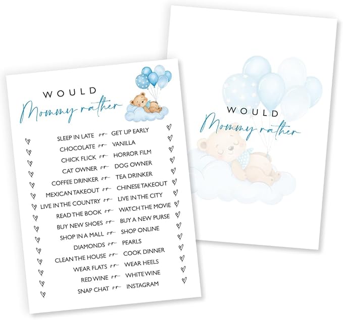 Would Mommy Rather Baby Shower Game, 25 Blue Bear & Balloon Theme Ready-to-Play Cards, Fun Icebreaker Activity for Boys, Baby Shower Party Games and Supplies - B03