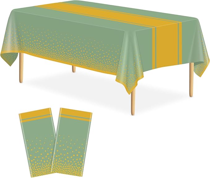 2 Pack Sage Green and Gold Tablecloth Party Decorations Plastic Sage Green Tablecloth Printed Gold Table Runner 54 x108 Inch Disposable Rectangle Table Cover for Birthday Wedding Graduation