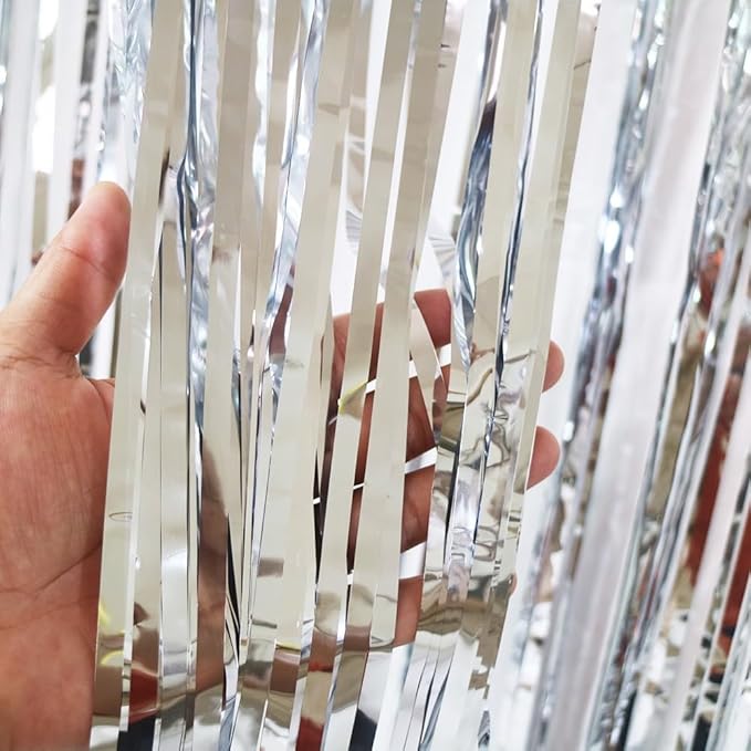 4 Pack Silver Foil Fringe Curtain - Metallic Tinsel Streamer Backdrop for Birthday Party Decorations