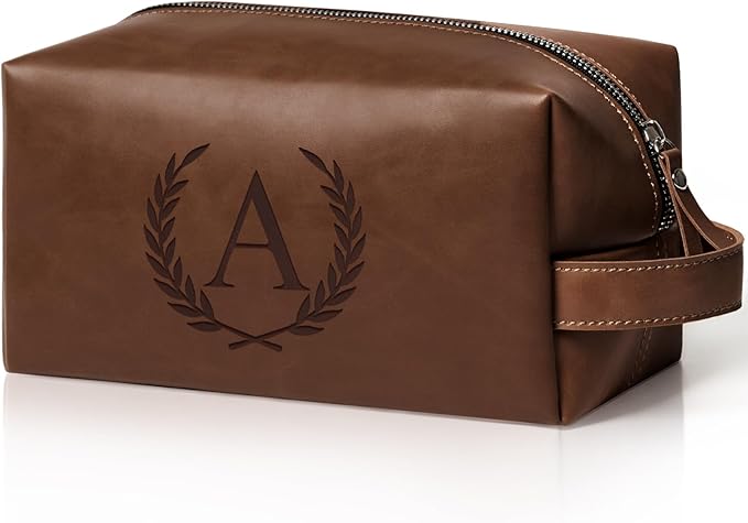 Personalized Dad Gifts from Daughter Son Travel Toiletry Bag for Men, Laser-Engraved Initial Waterproof Shaving Bag Easter Fathers Day Birthday Gift for Father New Dad Papa, Reddish Brown A