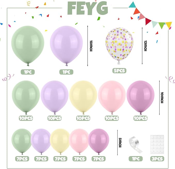 Dusty Green Purple Pink Balloon Garland, Lavender Mist Green Pastel Pink Yellow Balloon Arch Wildflower Balloons with Pastel Confetti for Baby Shower Birthday Wedding Flower Party Decoration