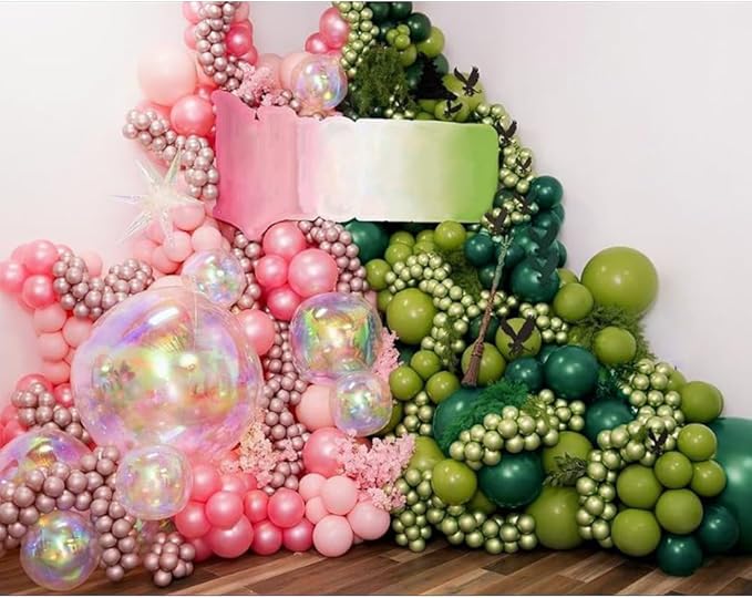 253pcs Pink and Green Balloon Garland Arch Kit, Metallic Silver Dark Green Light Pink Latex Balloons with Crown Iridescent Explosion Star Balloon for Birthday Witch Themed Party Decorations
