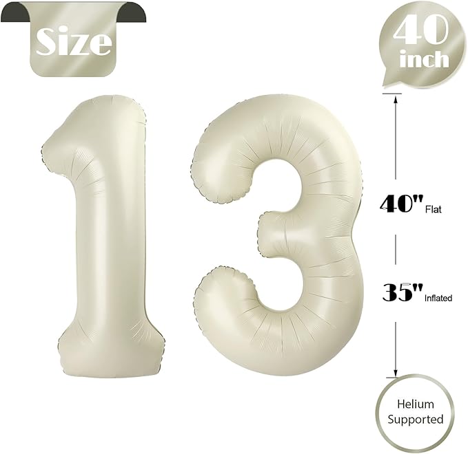 13 Balloon Number, Cream Number 13th 31th Birthday Balloons 40 Inch, 13 or 31 Years Old Cream Birthday Decorations for Boys Girls, 13th Anniversary Decorations
