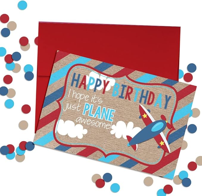 Plane Awesome Airplane Birthday Pun Themed Single (1) All Occasion Blank Birthday Card To Send To Friends & Family, 4"x 6" (when folded) Fill In Greeting Note Card by AmandaCreation