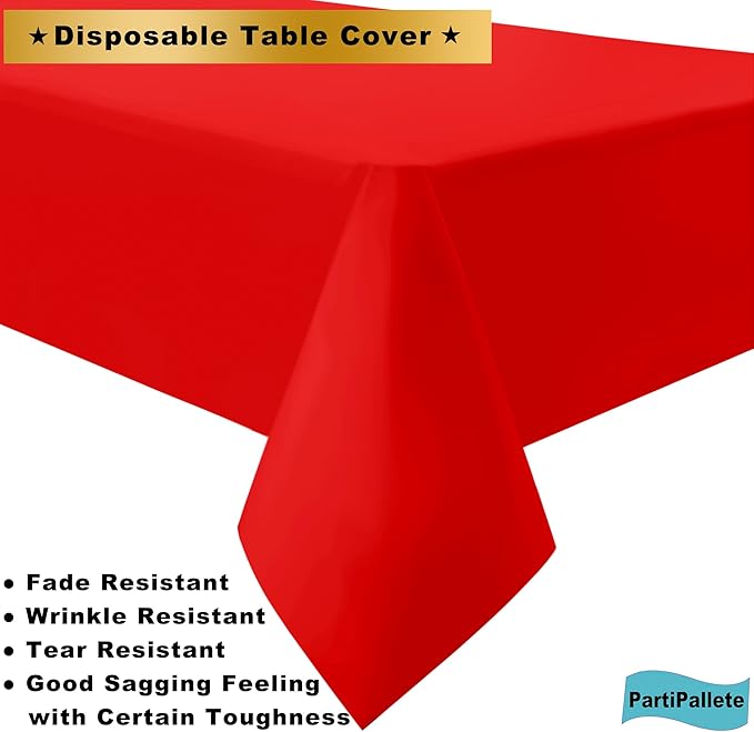 3-Pack Premium Plastic Red Tablecloth Disposable 54" x 108" Rectangle Table Cover Party PEVA Ruby Shine Red Table Cloths for Birthday Wedding Thanksgiving Christmas Graduation Banquet
