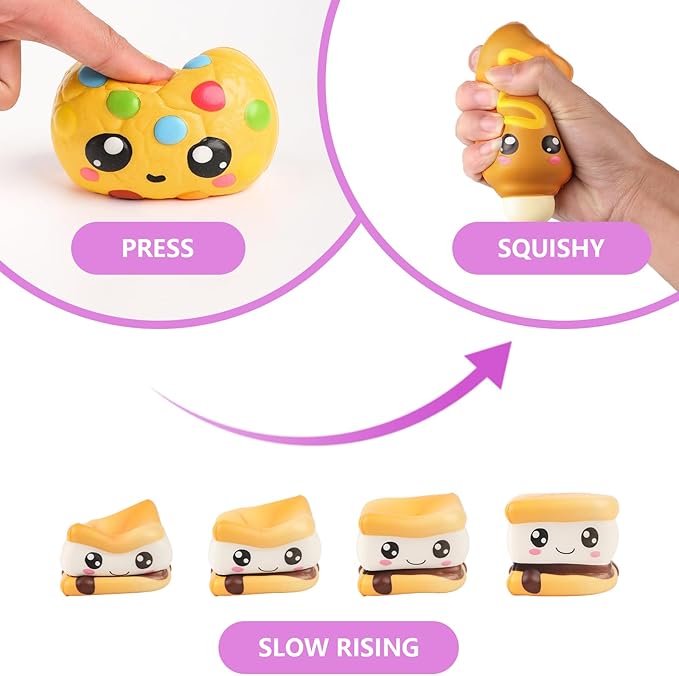 4 Pcs Slow Rising Food Toys for Kids, Kawaii Foam Squishy Toys in Smore Bread Hot Dog Pizza Cake Stress Relief Squeeze Toy for Holiday Carnival Goodie Bag Stuffers