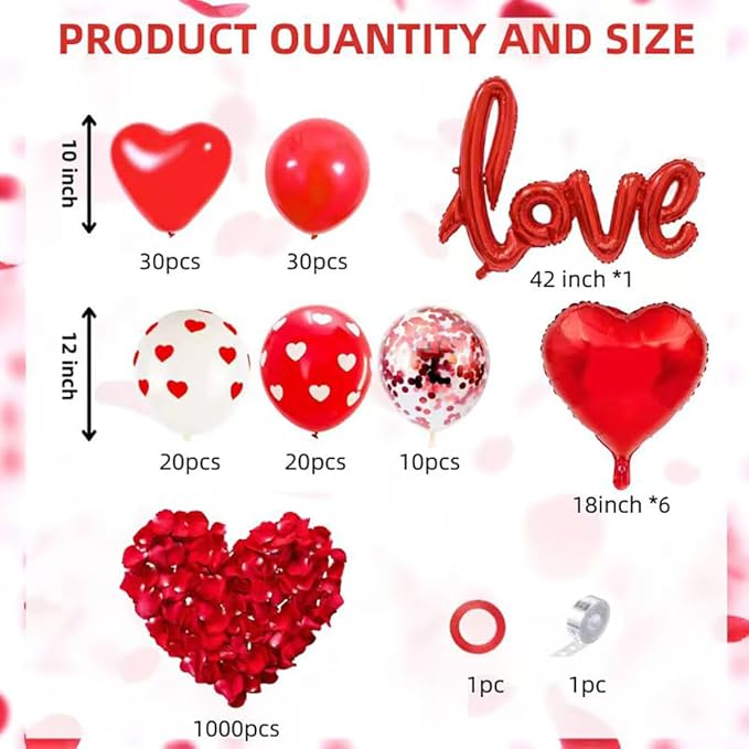 117pcs Valentines Day Balloon Arch Kit and 1000pcs red rose petals, Red Confetti Heart Balloons Love Foil Balloons for Valentines Day Balloon Decorations Engagement Wedding Party Supplies