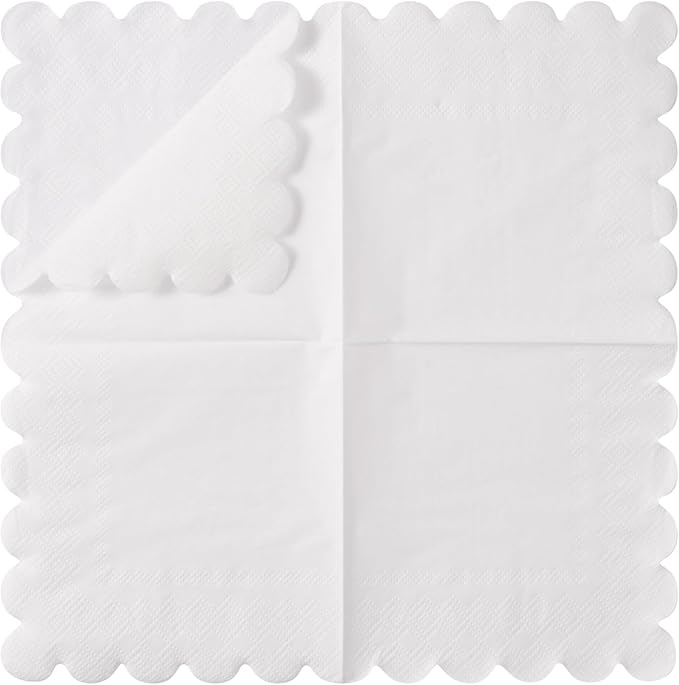 100 Pack Cocktail Napkin 2-Ply Scalloped Edged Dessert Napkins Folded 5 x 5 Inches Disposable Napkins for Dinner Wedding Birthday Party Bridal Anniversary Reception Event (White)