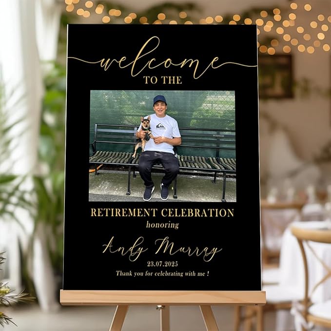 Custom Modern Retirement Party Welcome Sign, Black and Gold Minimal with Photo Retirement Celebration Yard Sign, Retired Party Decor, Customizable Name & Date - Multiple Sizes