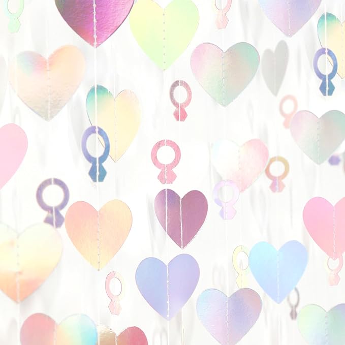 Engagement Bachelorette Party-Decorations Iridescent Heart-Ring Garland - 52Ft Holographic Disco Wedding Paper Streamers Banner,Valentines Day Galentines Proposal Decor Lasting Surprise