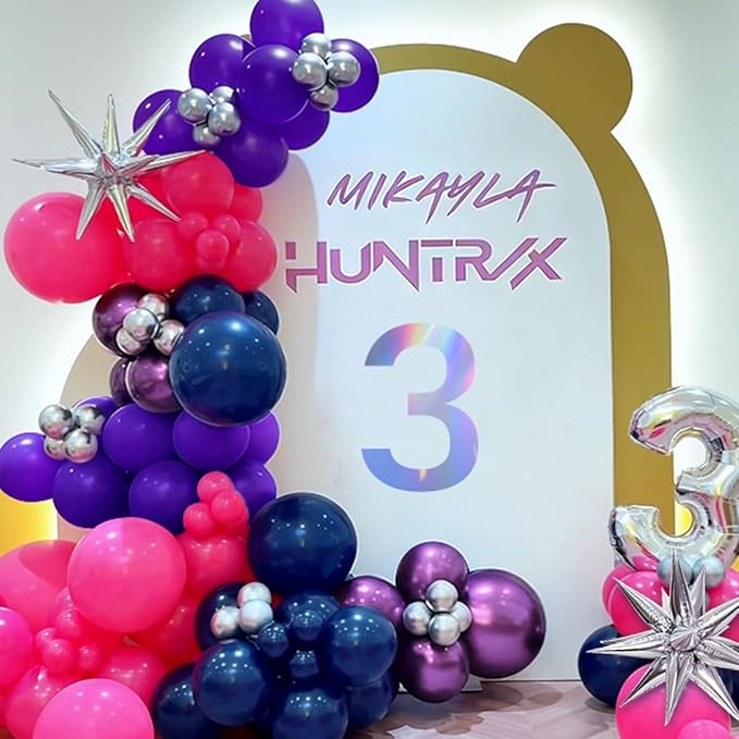 Hot Pink Purple Dark Blue Baloon Garland Arch Kit with 4D Star Foil Balloon Silver, 155Pcs Latex Balloons Different Sizes 18 12 10 5 inch for Graduation Birthday Wedding