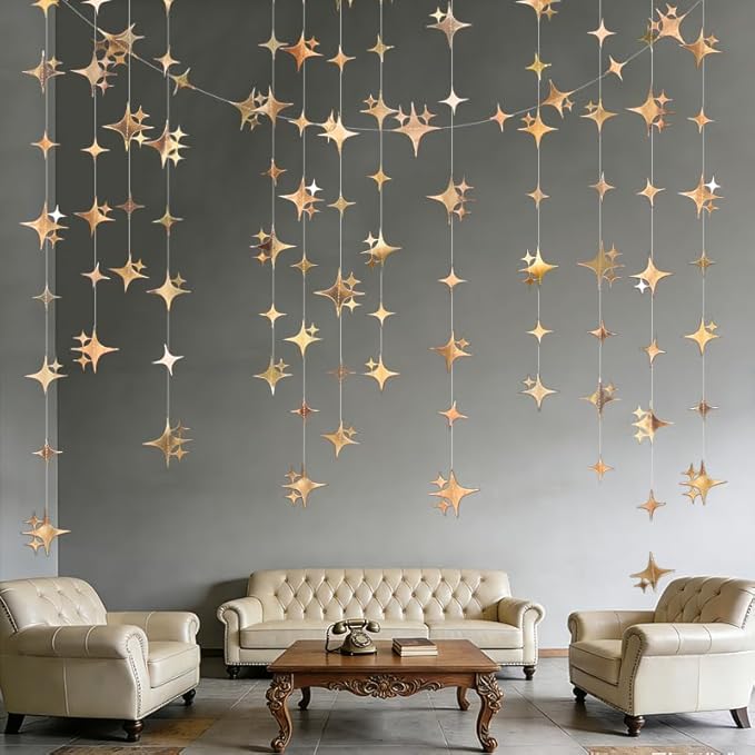 Glitter Champagne Four-Angle Star Paper Garland Banner Décor 40 Feet Twinkle Champagne Star Hanging Bunting Banner Backdrop for Wedding Baby Shower Birthday Graduation Disco Party Decorations