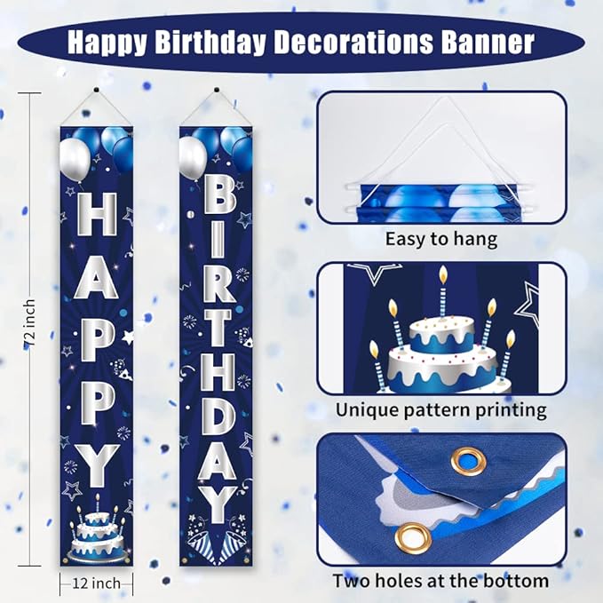 Blue Silver Birthday Decorations Banner, Happy Birthday Door Sign, Polyester, 72 x 12 Inch, for Men Women Boys Girls, Reusable, Ideal Party Supplies