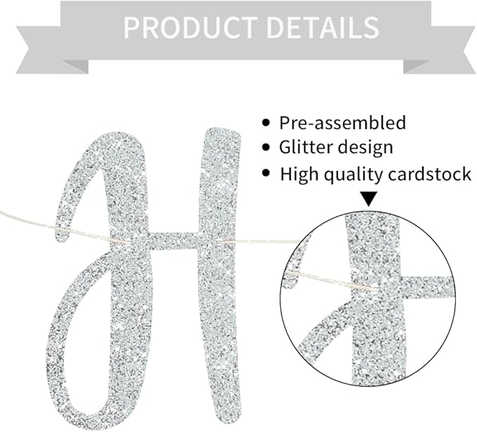BEISHIDA Silver Happy Anniversary Banner, Pre-Strung - Glitter Happy Anniversary Banner，NO DIY - Silver Glitter Garland Sign for Wedding Party Decorations & Decor