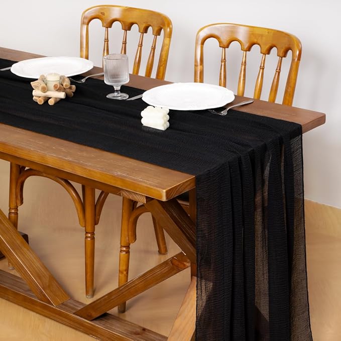 Socomi 6pcs Black Cheesecloth Table Runner Easter Spring Gauze 120 Inch Rustic Boho Cheese Cloth Runner for Wedding Party Baby Bridal Shower Centerpiece Decoration Holiday Home Decorations