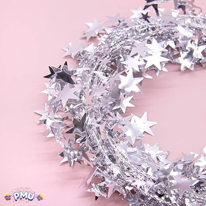 PMU 150 Ft Star Wire Shiny Garland Silver - Halloween, Christmas Party, Wedding, Birthday, Festive Home Decoration Ornament Silver (6pc-25Ft Each)