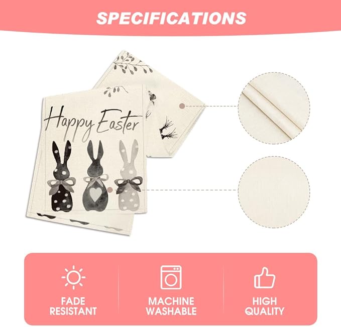 Artoid Mode Black Grey White Rabbit Bunny Happy Easter Table Runner, Spring Seasonal Holiday Kitchen Dining Table Decoration for Home Party Decor 13 x 72 Inch