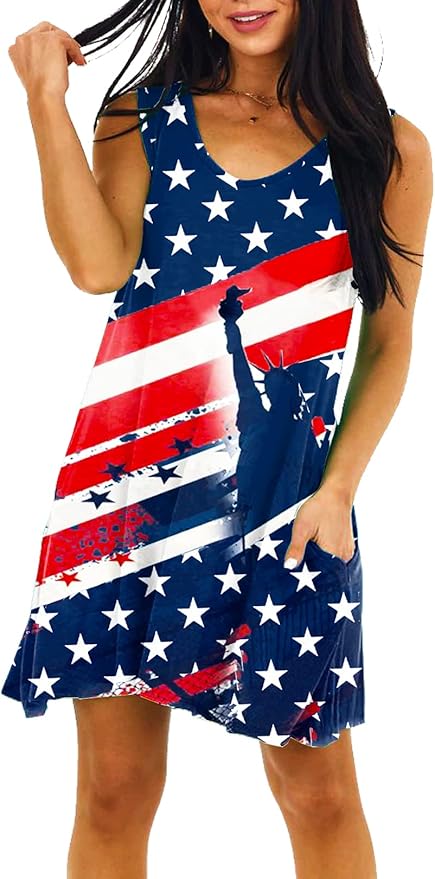 Deerose Women 4th of July Sleeeveless Dress Patriotic V Neck Tank Dresses with Pockets