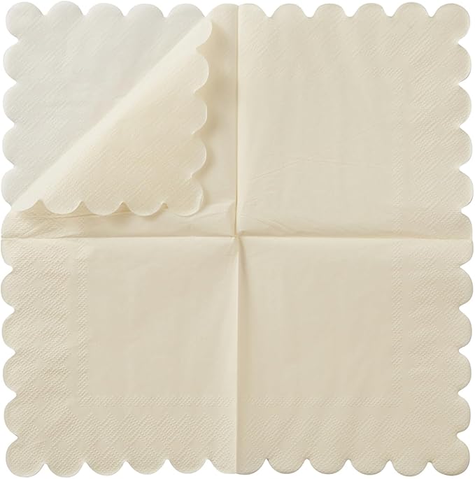 100 Pack Cocktail Napkin 2-Ply Scalloped Edged Dessert Napkins Folded 5 x 5 Inches Disposable Napkins for Dinner Wedding Birthday Party Bridal Anniversary Reception Event (Milky-White)