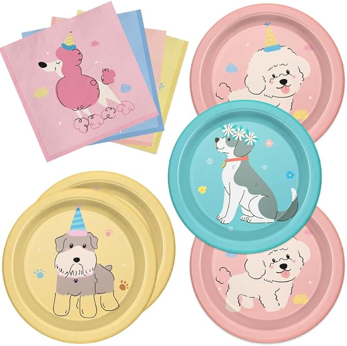 48Pcs Pet Dog Birthday Party Plates and Napkins for Kids Baby Shower Tableware Pet Dog Supplies Retro Puppy Birthday Party Decorations